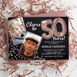 Chalkboard RoseGold Balloons 2 Foto 50:e födelseda Inbjudningar<br><div class="desc">Fira milstolpen att gå in i det storslagna 50-talet med dessa unika "Chalkboard Guld-ballonger i Ro 50:e födelsedagsinbjudningar". De här inbjudan har en rustik kalkbrädesbakgrund och skakande faux guld glitter-bristerna i ro, och de är vintage charm och modern elegans. Ladda upp ett foto av födelsedagsklassen och anpassa mallen för enkel...</div>