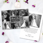 Chalkboard Rustic Black White Collage Bröllop Tack Kort<br><div class="desc">Modern, Rustic Chalkboard Hand har skrivit skript Bröllop Black och White 6 Multi Photo Collage Bröllop Tack för att du tar emot Billigt. Snyggt bröllop tackar dig för att du har en kortmall med sex (6) foto på framsidan (använt svart vitt filter) och ett (1) foto på baksidan. Med texten...</div>