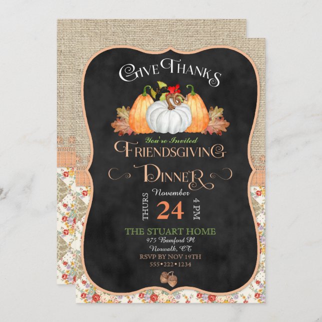 Chalkboard Rustic Land Friendsgiving Burlap Inbjudningar (Fram/baksida)