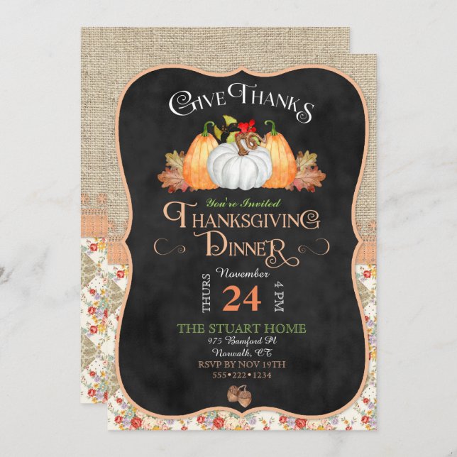 Chalkboard Rustic Land Thanksgiving Burlap Snöre Inbjudningar (Fram/baksida)
