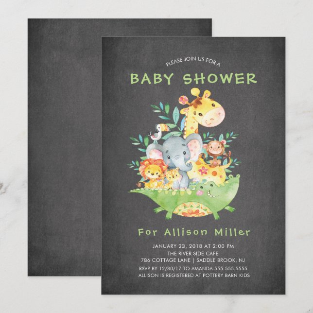 Chalkboard Safari Animals Baby Shower-inbjudningar Inbjudningar (Fram/baksida)