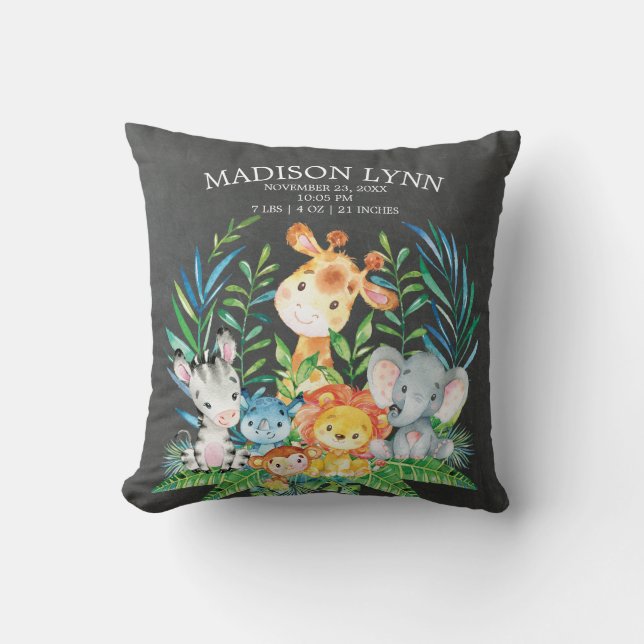 Chalkboard Safari Girl Boy Birth Stats Pillow Kudde (Framsida)