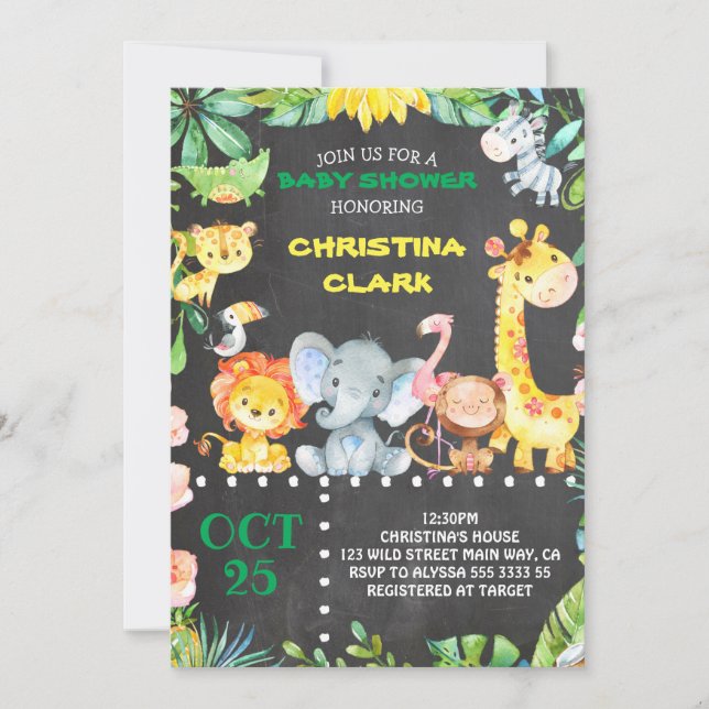 Chalkboard Safari Jungle Animals Baby Shower Inbjudningar (Framsida)