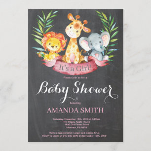 Chalkboard Safari Jungle Animals Girl Baby Shower Inbjudningar