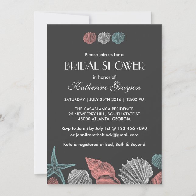 Chalkboard Seashells-inbjudan till Beach Wedding Inbjudningar (Framsida)