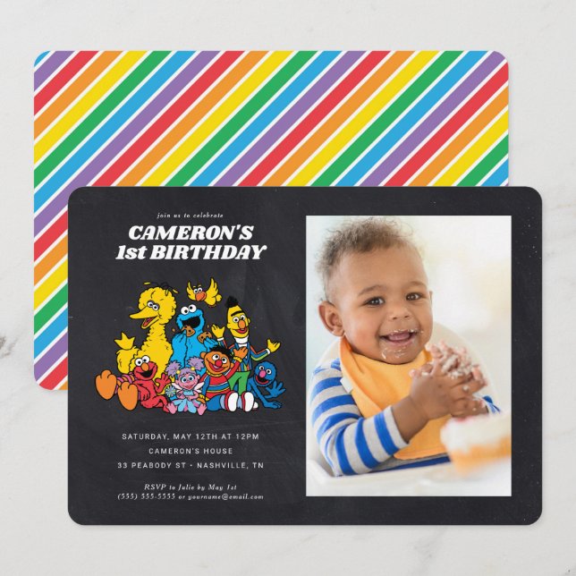 Chalkboard Sesame Street 1:a födelsedagen med foto Inbjudningar (Fram/baksida)