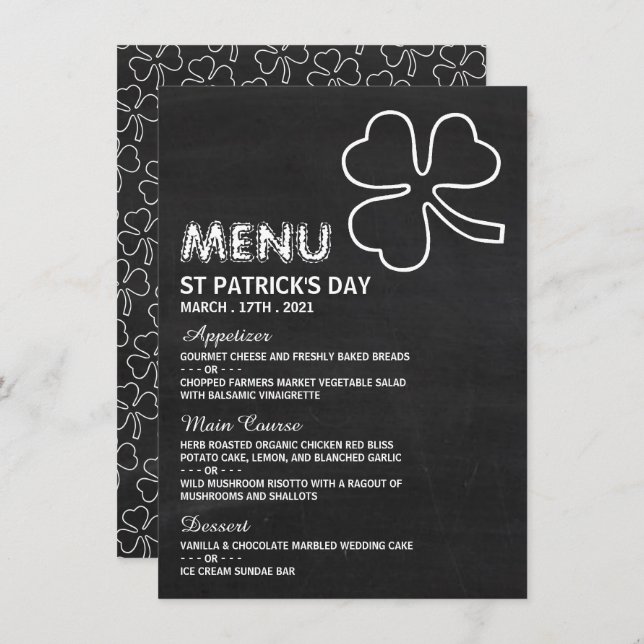 Chalkboard Shamrock, St patrick's day Menu Card Inbjudningar (Fram/baksida)