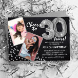 Chalkboard Silver Balloons 2 Photo 30års födelseda Inbjudningar<br><div class="desc">Vi firar att vi vrider 30! Med inbjudan kan du ladda upp en före och efter fotografi av födelsedagskalender i silver ram,  med titeln "Cheers to 30 Years!". Med en rustik kalkbrädesbakgrund,  heliumballonger med silver-nummer,  faux silver glitter flecks och en enkel födelsedagsfest som är enkel att anpassa.</div>