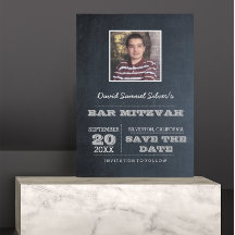 Chalkboard Silver Pub Mitzvah Photo Save Date