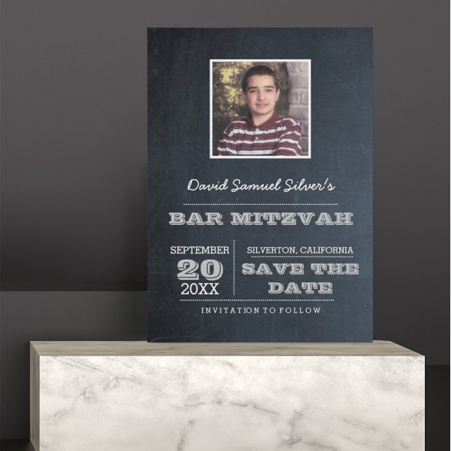 Chalkboard Silver Pub Mitzvah Photo Save Date Meddelande Vykort (Skapare uppladdad)