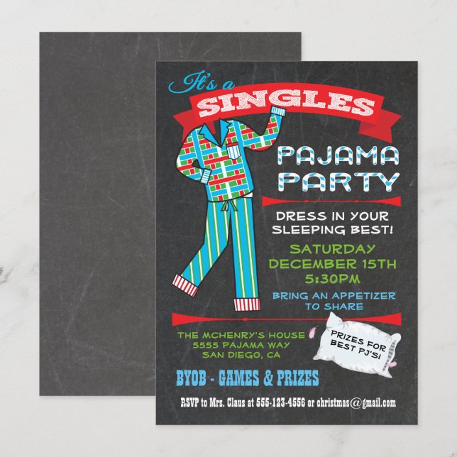 Chalkboard Singles Pajama-partiets inbjudningar (Fram/baksida)