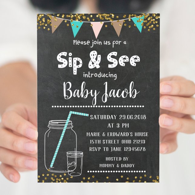 Chalkboard Sip och se inbjudan till babydusch (Skapare uppladdad)
