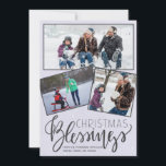Chalkboard snokande julvälsignelse 3 foton julkort<br><div class="desc">Familjens helgdag i säsong hälsar med tre framtagna foton på en mörk-grått-tavla som bakgrund med fallande snö- och "Julblesings"-typskript.        Enkel att anpassa med dina foton och namnteckning!</div>