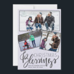 Chalkboard snokande julvälsignelse 3 foton julkort<br><div class="desc">Familjens helgdag i säsong hälsar med tre framtagna foton på en mörk-grått-tavla som bakgrund med fallande snö- och "Julblesings"-typskript.        Enkel att anpassa med dina foton och namnteckning!</div>