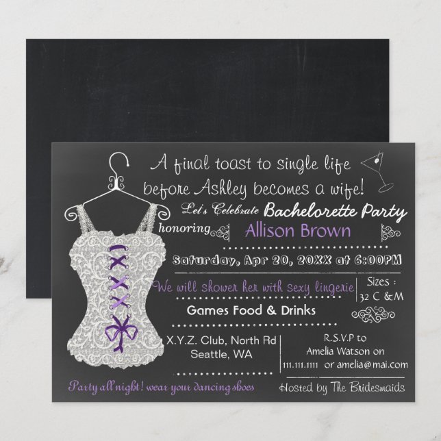 Chalkboard Snöre Lingerie Shower Bachelorette Inbjudningar (Fram/baksida)