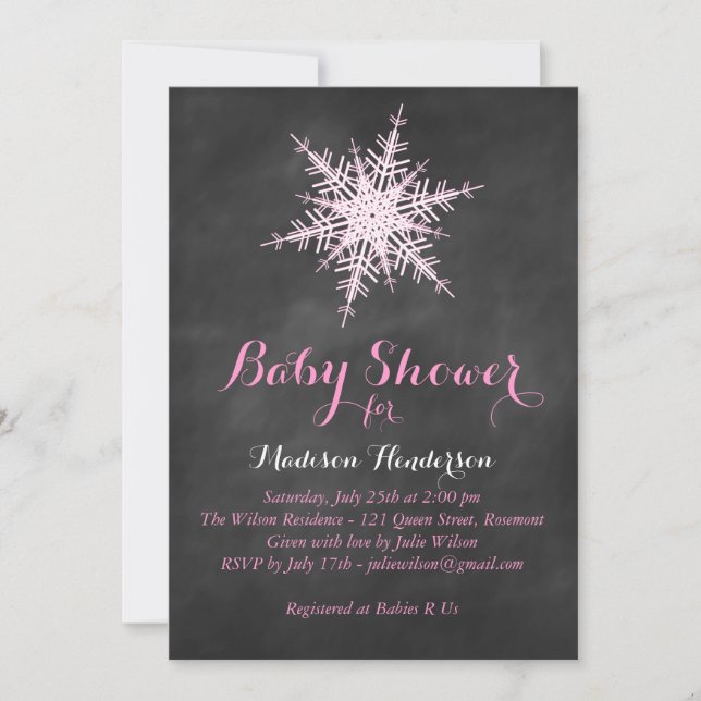 Chalkboard Snowflake Baby Shower-inbjudan - rosa Inbjudningar (Framsida)
