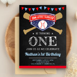Chalkboard Sports Baseball 1:a födelsedag Party Inbjudan Vykort<br><div class="desc">Förbluffa dina gäster med den här coolan födelsedagsfest inbjudan med korsade fladdermöss och en baseboll med modern typografi mot en kritbakgrund. Lägg bara till din händelseinformation i den här mallen som är enkel att använda för att göra den till en inbjudan av typen en.</div>