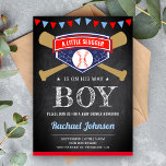 Chalkboard Sports Boy Baseball Baby Shower Inbjudningar<br><div class="desc">Akta dina gäster med den här basebolltemat babyduschen inbjudan, där man korsade fladdermus och en baseboll med modern typografi mot en kritbakgrund. Lägg bara till din händelseinformation i den här mallen som är enkel att använda för att göra den till en inbjudan av typen en. Vänd kortet över för att...</div>