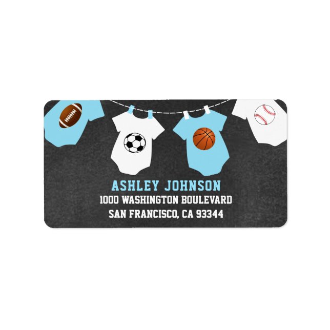 Chalkboard sporttema Blue Boy Shower Adressetikett (Framsidan)