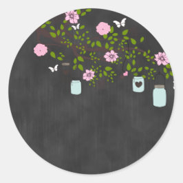 Chalkboard Sticker med Rosa Flowers och Mason Burk Runt Klistermärke