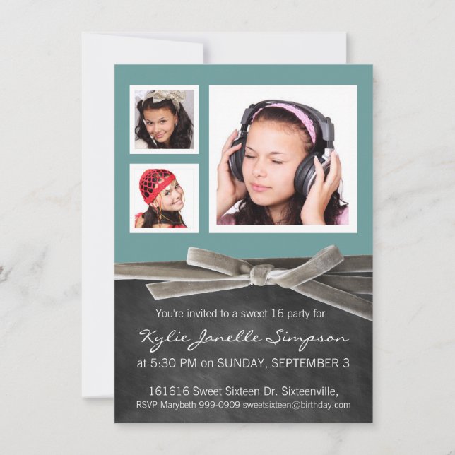 Chalkboard Sweet 16 med 3 foton Inbjudningar (Framsida)
