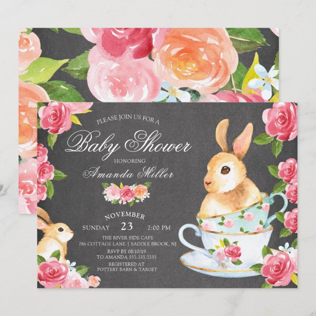 Chalkboard Sweet Bunny Baby Shower Tea Party Inbjudningar (Fram/baksida)