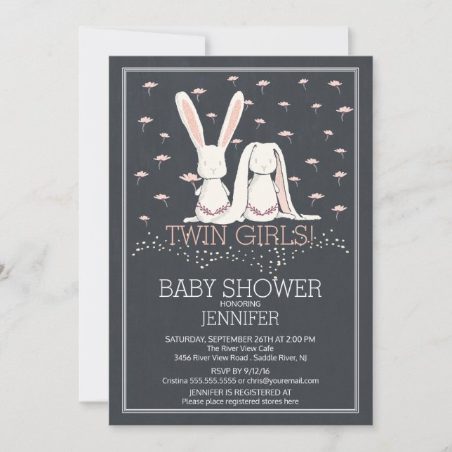 Chalkboard Sweet TWIN Girls Bunny Baby Shower Inbjudningar (Framsida)
