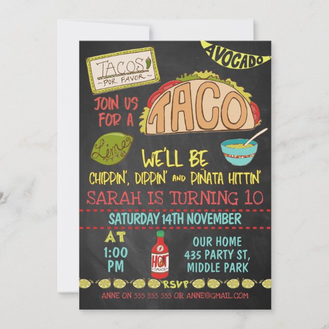 Chalkboard Taco Chippin Dippin Birthday-inbjudan Inbjudningar (Framsida)