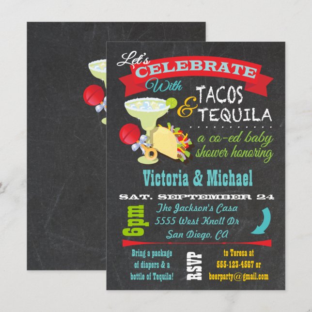 Chalkboard Tacos och Tequila Co-ed Baby Shower Inbjudningar (Fram/baksida)