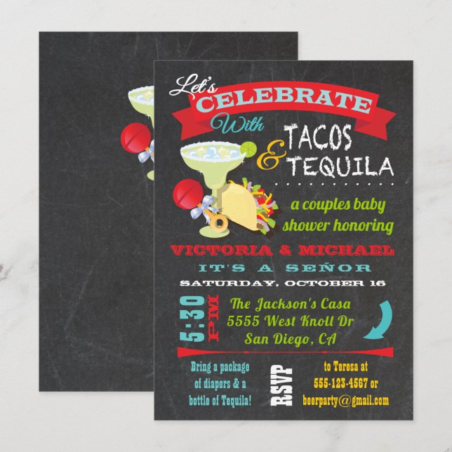 Chalkboard Tacos och Tequila Par Baby Shower Inbjudningar (Fram/baksida)