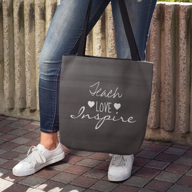 Chalkboard Teacher inspirational Quote Typography Tygkasse (Teach Love Inspire inspirational teacher tote bag with motivational quote and heart icons.)