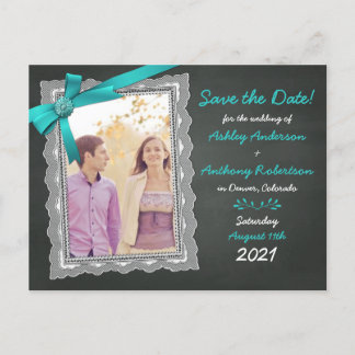 Chalkboard Teal Bow Photo Bröllop spara datum Meddelande Vykort