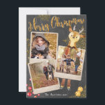 Chalkboard Tre Photo Collage-Helgdag Julkort<br><div class="desc">Vackert trendig chalkboard stil trippelkort för snabbhälsning i foto ramar med roligt och personlig och bilder. Lägg till tre av dina egna värdefulla foton, hela din namn på baksidan och familjen namn på framsidan med innevarande år och du är bra att åka! En söt kriterbakgrund med utspridd gyllene snöflingor. Ett...</div>