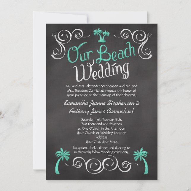 Chalkboard Turcouise Handflatan Träd Beach Wedding Inbjudningar (Framsida)