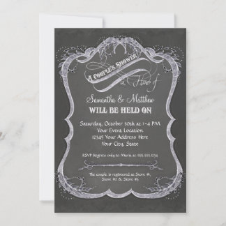 Chalkboard Typografiska Löv Swirl Rustic Bröllop Inbjudningar