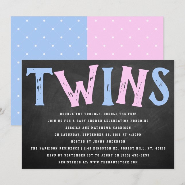 Chalkboard Typography Boy & Girl Twillingar Baby S Inbjudningar (Fram/baksida)