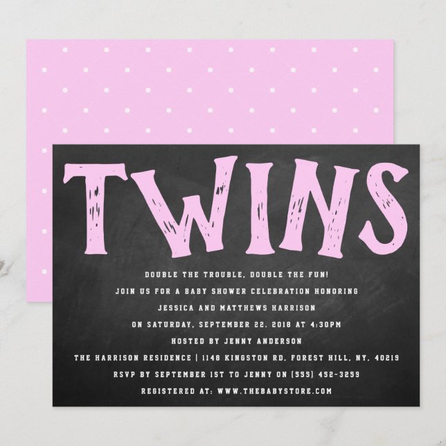 Chalkboard Typography Twin Girls Baby Shower Inbjudningar (Fram/baksida)