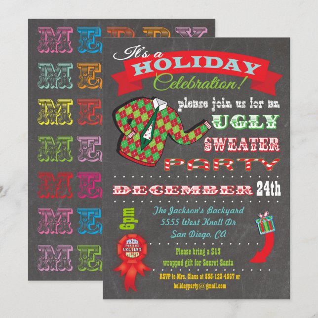 Chalkboard Ugly Sweater-julfest-inbjudan Inbjudningar (Fram/baksida)