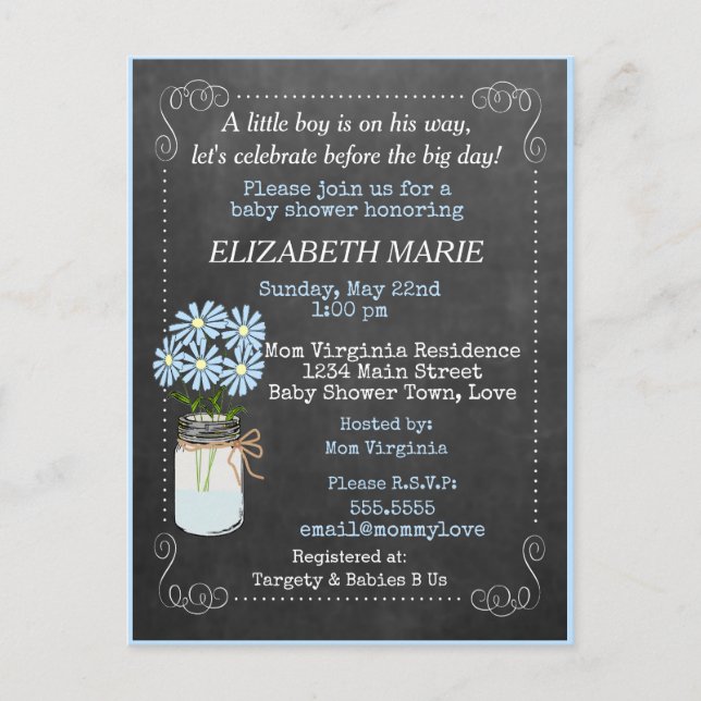 Chalkboard-utseendet Blue Baby Shower-inbjudan | Inbjudan Vykort (Framsida)