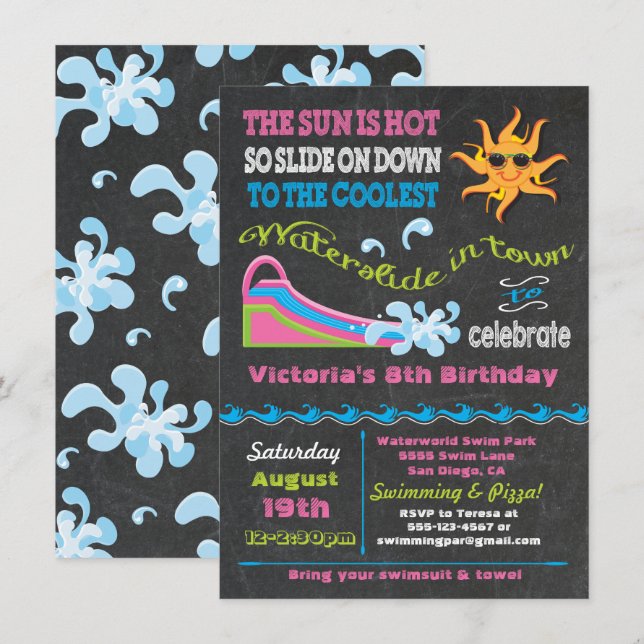 Chalkboard Vatten Bassäng födelsedagsfest Inbjudningar (Fram/baksida)