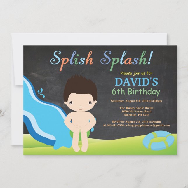 Chalkboard Vatten Slide Bassäng Födelsedagsfest Inbjudningar (Framsida)