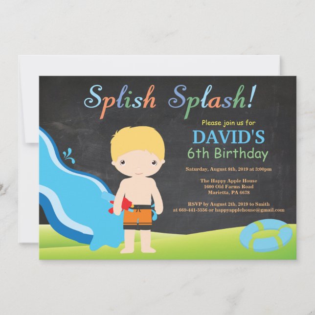 Chalkboard Vatten Slide Bassäng Födelsedagsfest Inbjudningar (Framsida)