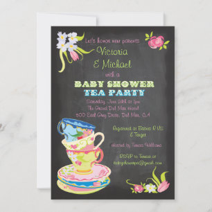Chalkboard Victorian Stacks Tea Kopp Baby Shower Inbjudningar