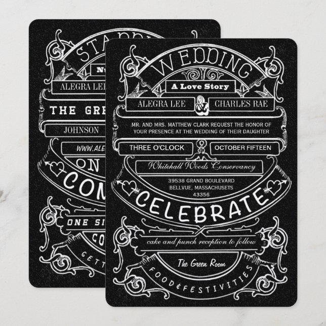 Chalkboard Vintage Modern Typography Bröllop Inbjudningar (Fram/baksida)