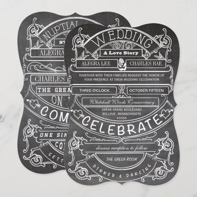 Chalkboard Vintage Modern Typography Bröllop Inbjudningar (Fram/baksida)