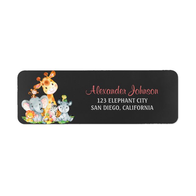 Chalkboard Watercol Cute Jungle Animals Returadress Etikett (Framsidan)