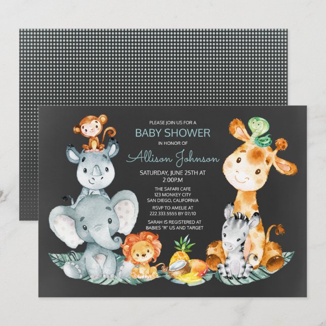 Chalkboard Watercol Cute Safari Jungle Baby Shower Inbjudningar (Fram/baksida)