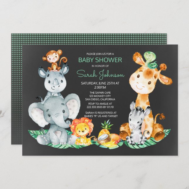 Chalkboard Watercol Cute Safari Jungle Baby Shower Inbjudningar (Fram/baksida)
