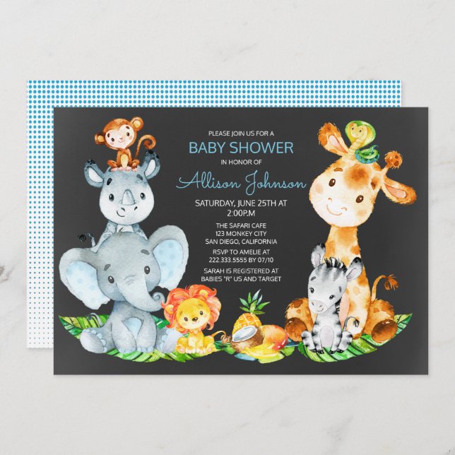 Chalkboard Watercol Cute Safari Jungle Baby Shower Inbjudningar (Fram/baksida)