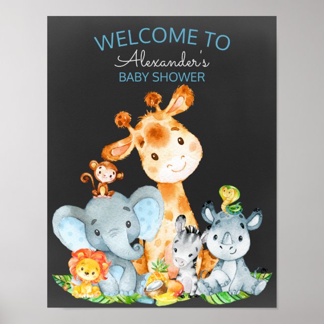 Chalkboard Watercol Cute Safari Jungle Baby Shower Poster (Framsidan)